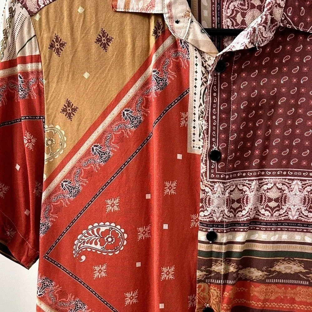 Topman Button‎ Down Shirt Men XS Red Multi Bandana/Paisley Patchwork